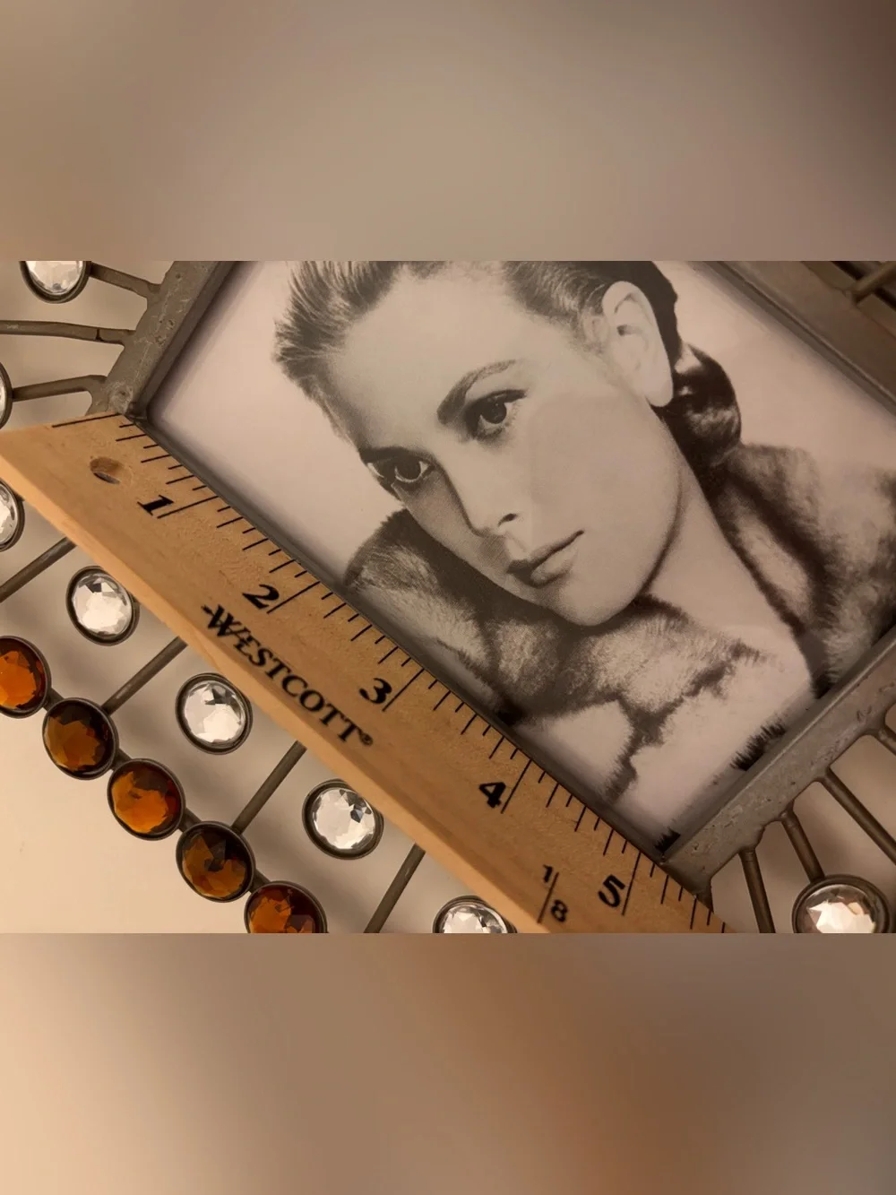 Silver Tone Jeweled Picture Frame Amber Clear “rhinestones” 4x6 Tabletop Decor